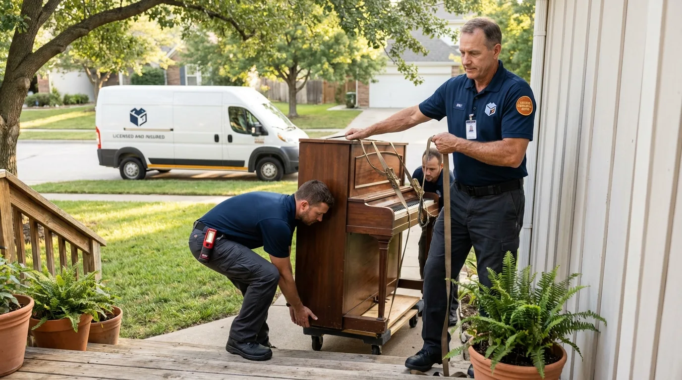 Licensed piano movers securing grand piano in Richmond, ME