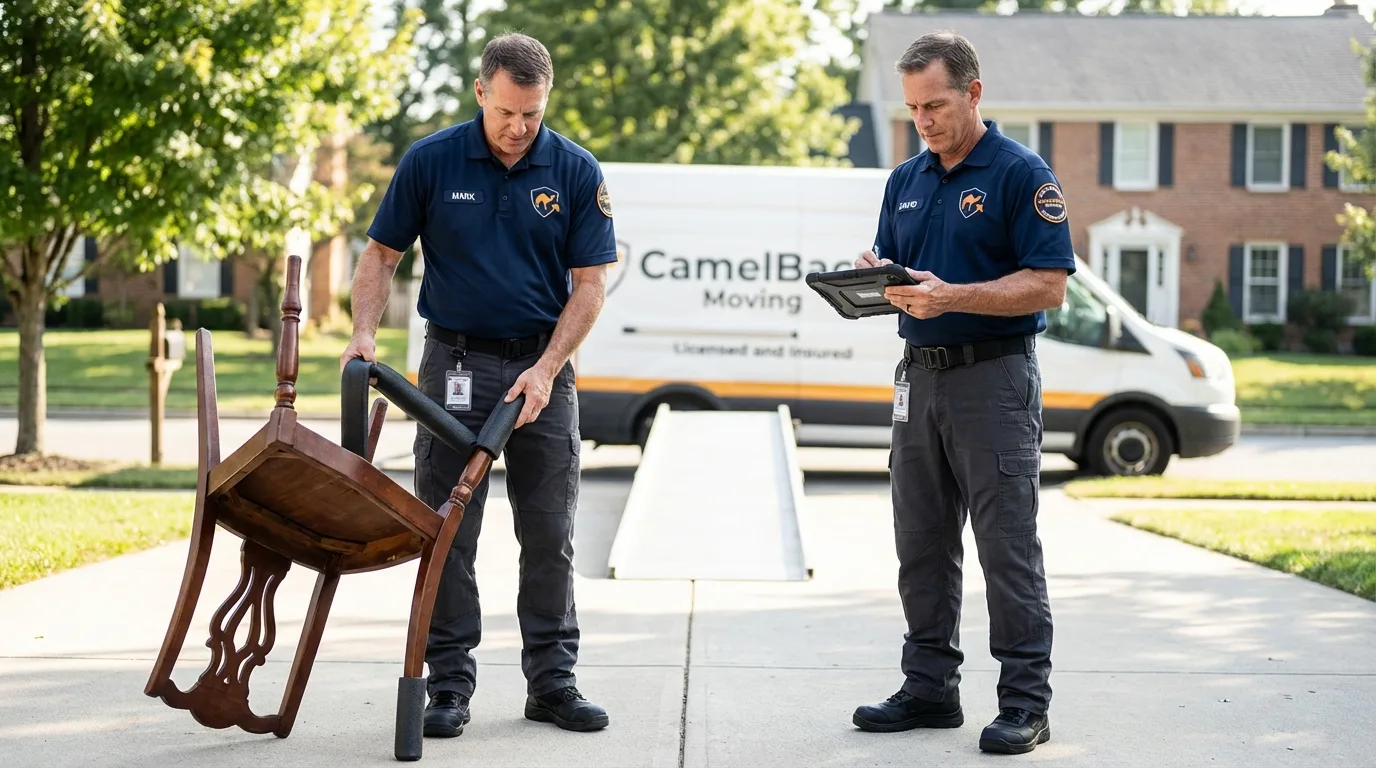 Movers inspecting furniture for damage prevention before loading in Richmond, ME