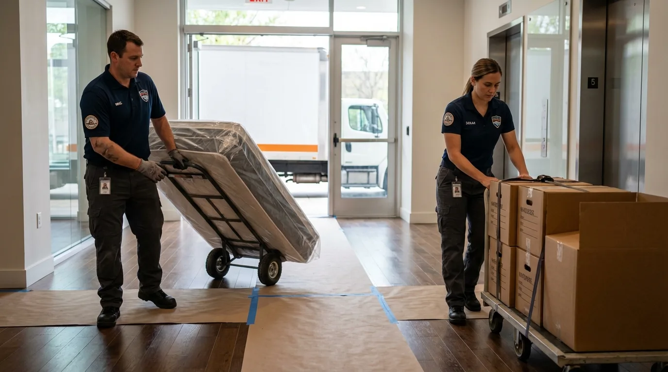 Professional apartment movers loading elevator in Richmond, ME