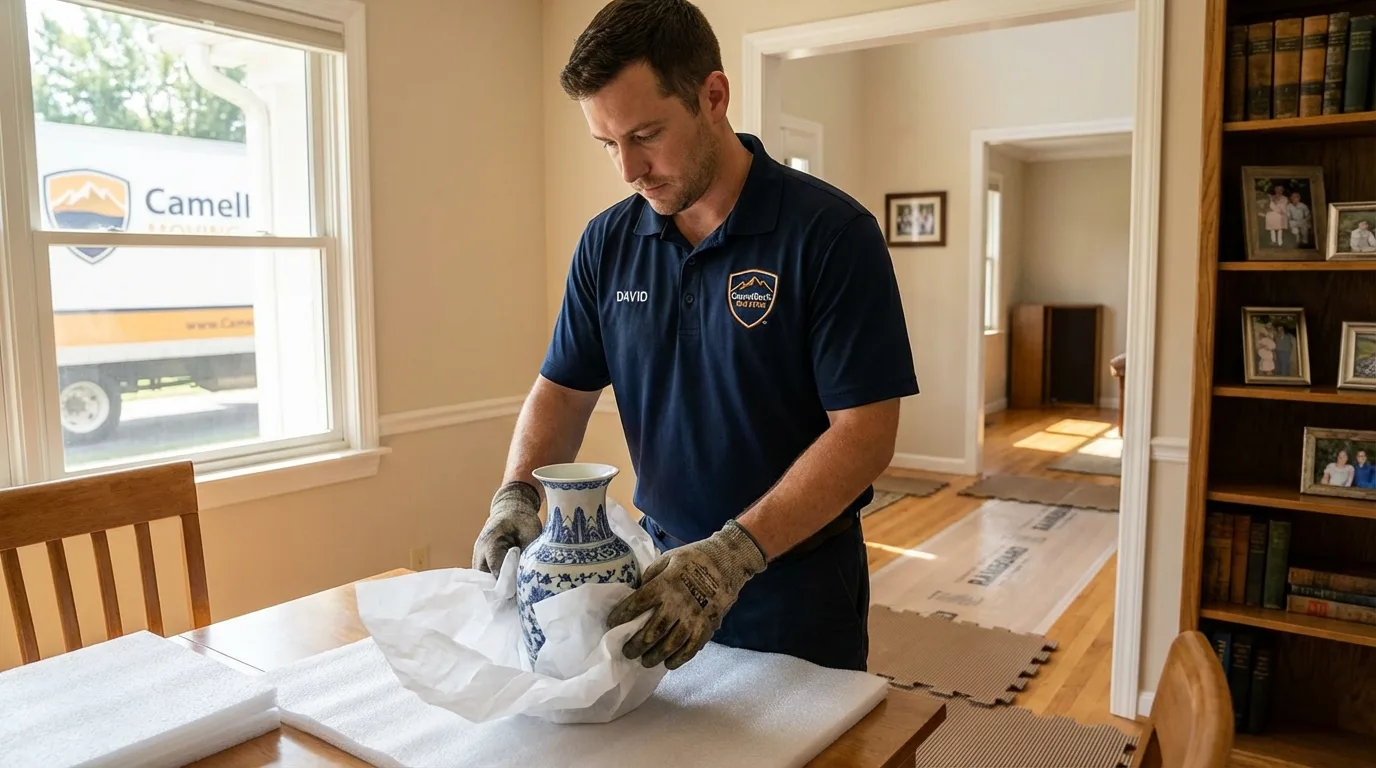 Professional crew carefully wrapping antique vase for senior downsizing move in Richmond, ME